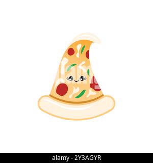 Cute Kawaii Pizza Slice Character Illustration with Smiling Face, Isolated on White Background Stock Vector