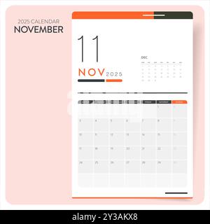 Calendar monthly November 2025 template vector. Desk, wall calendar for print, digital calendar or planner. Week start on Monday. Annual holiday calen Stock Vector