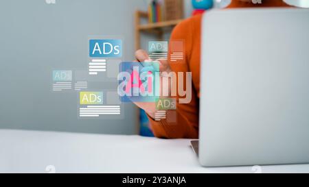 Digital marketing concept, Business woman using Ai on laptop with Ads dashboard digital marketing strategy analysis for branding, online advertisement Stock Photo