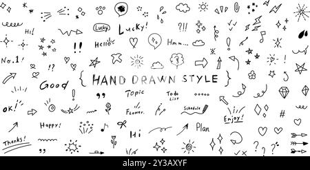 Hand drawn doodles icon in flat style. Speech bubbles, arrows and shapes vector illustration on isolated background. Drawing sketch sign business conc Stock Vector