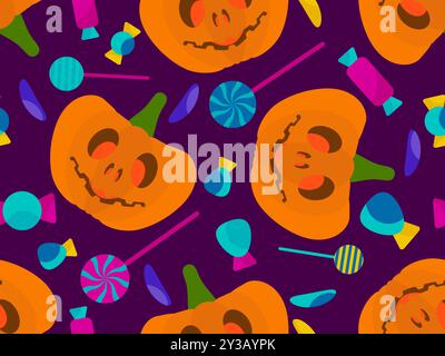 Pumpkins and candies seamless pattern. Halloween carved pumpkin with candies and lollipops. Jack-o-lantern, trick or treat. Design for wallpapers, wra Stock Vector