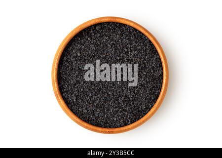 Poppy seeds in wooden bowl on white background Stock Photo