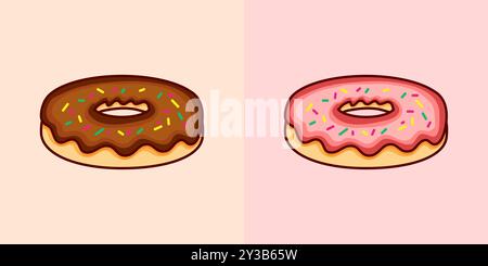 Two Donuts Vector Illustration: Chocolate and Pink Frosting Stock Vector
