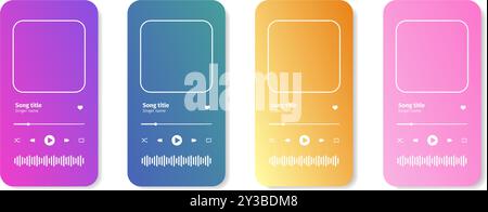 Set of audio player interface templates with album cover frame, slider progress bar and different buttons isolated on white background. Audioplayer app widgets. Vector illustration. Stock Vector