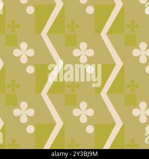 Retro olive green geometric zigzag seamless pattern with stylized floral motifs, mid century modern surface design Stock Vector