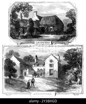 The Scott Centenary - Lasswade; Ashestiel, 1871. Houses occupied by Scottish writer Sir Walter Scott. 'The cottage at Lasswade, near Edinburgh, where Scott lived during the first six years after his marriage, from 1798 to 1804, [is] where he commenced his literary labours with the Border Minstrelsy...Lasswade, a pretty village six miles south by east of Edinburgh, is situated on the North Esk river, between Roslin and Dalkeith. There is a ford here, which was constantly used before it was superseded by a ferry or a bridge...The house which he occupied is an old cottage, with strong walls and t Stock Photo