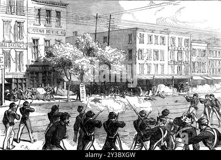 The Irish Orange Riots in New York, 1871. 'The 12th of July, the anniversary of a great historical event in Ireland, which the Protestants and Catholics of Ulster have been too apt to celebrate with mutual bloodshed, was kept this year at New York in the same way. There was a triumphant militant procession of Irish Orangemen, guarded by soldiers and armed police. The Irish Catholics, or the Fenians, met and attacked the procession...More than eighty persons were killed, of whom half a dozen were policemen...[with] about twice as many wounded...Large mobs gathered, and three regiments of troops Stock Photo