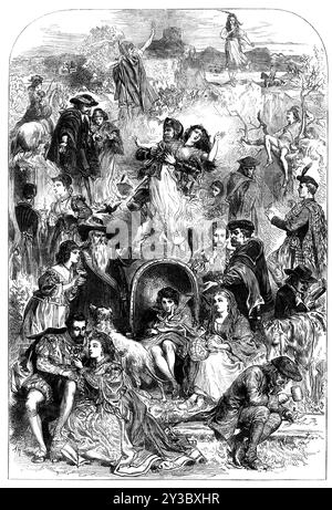 The Scott Centenary: a Dream of the Waverley Novels, 1871. Sketch which '... will probably not require to be explained to the innumerable readers of Sir Walter Scott's admirable stories. They will have no difficulty in identifying all the characters or figures here represented...Amy Robsart, or rather Amy Dudley, fondly leaning on her husband...is seen in the foreground. She is contrasted with &quot;Old Mortality,&quot; the enthusiastic preserver of tombstone inscriptions, who wanders in country churchyards...Jeanie Deans, the best and bravest of young Scotchwomen, who is on her road from Edin Stock Photo