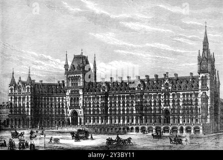 The Midland Railway Hotel, Euston-Road, [London], 1871. View of '...the magnificent building...of the new Midland Railway Terminus, St. Pancras...the architect was Mr. G. Gilbert Scott, R.A...The contractors are Messrs. Jackson and Shaw...The length of front already built is 335 ft.,...the entire completion of the edifice will give 175 ft. additional frontage, the western wing to be curved forward, and to meet the public road at its extremity (which is seen at the left-hand side)...The principal features of the facade...are the two lofty towers with their ornamental turrets and pinnacles; thre Stock Photo