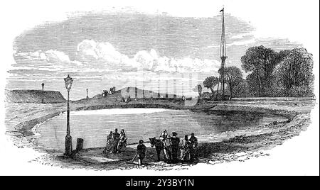 Sketches on Hampstead Heath [in nothwest London]: the Upper Pond, 1871. 'Visitors who have not been there of late years will be grieved and rather astonished when they see the cruel havoc which has been wrought in that which was formerly a picturesque bit of wild rustic scenery, where the eye could repose with pleasure. The whole space on the summit of the hill, both to the right and to the left of the high road which passes over it from Hampstead to Highgate, has been ruthlessly dug up for gravel or sand'. From &quot;Illustrated London News&quot;, 1871. Stock Photo