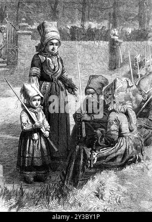 &quot;Breton Women at a Pardon,&quot; by F. J. Skill, 1871. Engraving of a painting. '...the Celtic population of Brittany celebrate their yearly religious festivals...The Pardon of Guingamp takes place on the Saturday before the first Sunday in July. It is attended by so many as 10,000 people of all classes, whole families coming together, men, women, and children, whole villages sending up the congregation of the parish church, with the clergy at their head, bearing crucifixes, caskets of relics, banners, garlands, and wax-candles, the last-mentioned for votive offerings given by the faithfu Stock Photo