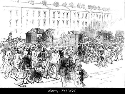 The engineers' strike at Newcastle: arrival of foreign workmen, 1871. Dispute between '...journeymen &quot;engineers,&quot; or rather machine-makers, and their employers...[relating] to a proposed reduction of the ordinary amount of labour, for the regular week's wages, from fifty-nine hours to fifty-four hours...The men would be disposed in most instances to work more hours, but would then expect to be paid an additional sum for working over time...The case on behalf of the employers has been...set forth by Mr. George Robert Stephenson and Sir William Armstrong...On the other side, great effo Stock Photo