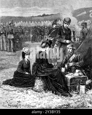 The Autumn Campaign: an early breakfast in camp, 1871. British Army manoeuvres in Hampshire. 'The fourth and final battle of the fortnight's campaign in mimic warfare, conducted by nearly 36,000 troops - regulars, militia, and volunteers - assembled under Field-Marshal the Duke of Cambridge in the country round Aldershott, was fought on Thursday week'. From &quot;Illustrated London News&quot;, 1871. Stock Photo