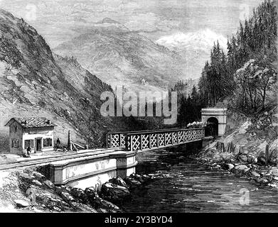 Mont Cenis Railway scenery: the Dora Valley, near Salbertrand, 1871. 'The opening of the great railway tunnel through the Alps between Savoy and Piedmont, on the 17th September, has been followed, this week, by the opening of the short line from the tunnel's mouth to the Modane station of the Paris, Lyons, and Mediterranean Company's line in Savoy, by which means there will henceforth be uninterrupted traffic of goods and passengers between France and Italy...[View shows] the scenery on the Italian side of Mont Cenis, the Col de Clair&#xe9;e and Mont Gen&#xe8;vre, where the Dora Riparia flows Stock Photo