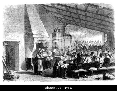 The Vintage of M&#xe9;doc: labourers in the vineyard at their meals, 1871. French agricultural workers. 'The vineyards in the M&#xe9;doc district of the Gironde, near Bordeaux,...produce the vine so much esteemed as claret...The vintage is now finished; and the crowds of men, women, and children, who lately swarmed over that country, with merry songs and laughter, picking the ripe bunches of grapes from the vine-rows, and loading the ox-carts with this rich freight, to be carried to the pressing-house, are gone home for the present season, to attend to their ordinary labours. The sketch engrav Stock Photo