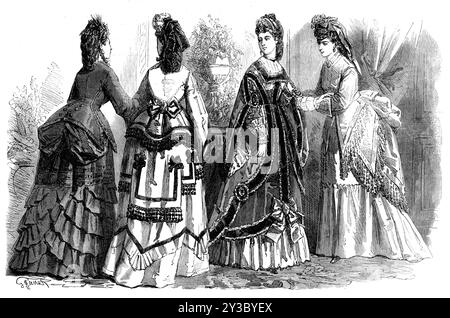Paris fashions for the month of November, 1871. 'Fig. 1. Robe of fawn-coloured faille; the jupe trimmed with a series of flounces...Bouffantes of moderate dimensions...Sleeves...terminate with a deep flounce...Chapeau of velvet and lace...Fig. 2. Robe of bluish-grey taffeta, the under jupe trimmed with wide vandyked flounce...Chapeau...trimmed in front with a large white feather...Fig. 3. Toilet de diner of green faille...The trimming is composed of a broad band of black velvet...The corsage, which is low, and cut square, is supplemented by a lace chemisette. The coiffure is composed of a tuft Stock Photo