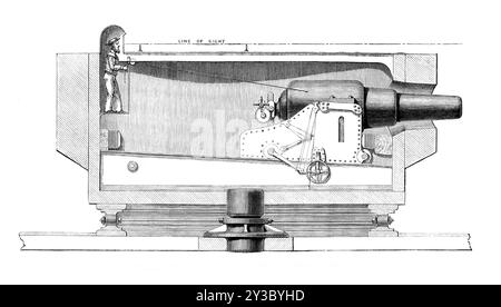 Section of Captain Scott's turret gun-carriage in the Glatton, 1871. 'These guns are each rifled with nine grooves, and throw projectiles with studs as bearings to run in the grooves, which give the rotation that enables these long bolts, weighing from 400 lb. to 600 lb., to attain great range and accuracy... The captain of the gun is shown in the act of pointing his weapon, which is laid by means of sights placed on the top of the turret, and corresponding with the line of the bore of the gun...the Glatton's recent trip to the Nore was arranged for the purpose of testing her gun-carriages...T Stock Photo