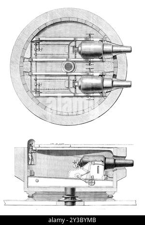 Plan and Section of Captain Scott's turret gun-carriage in the Glatton, 1871. 'These guns are each rifled with nine grooves, and throw projectiles with studs as bearings to run in the grooves, which give the rotation that enables these long bolts, weighing from 400 lb. to 600 lb., to attain great range and accuracy. The chains shown upon the plan are used to run the guns in; and the handles at the side of the gun-carriages are attached to the compressors, or brakes, which gradually reduce the recoil of the guns on discharge. The captain of the gun is shown in the act of pointing his weapon, wh Stock Photo