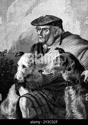 "Waiting For The Shot," by James Hardy, Jun. in the Dudley Gallery, 1871. Engraving of a painting. 'To lovers of deer-stalking this picture will probably have a stronger sporting than artistic interest. It indicates the supreme moment of suspense in one of the most exciting kinds of field sport. The game is sighted, but at the slightest sign it may vanish, and no chance of overtaking the same herd would in all likelihood be presented for many weary miles. The stalkers must not betray their covert till the far-ranging rifle-bullet has a chance of striking. The shot fired, then the dog Stock Photo