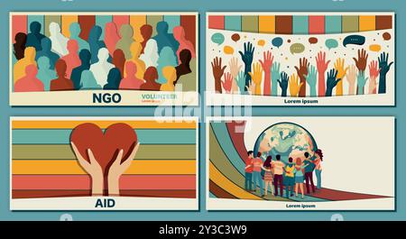 Volunteer people concept flyer brochure poster editable template.Multicultural diverse people with around the earth. Raised hand. Hand holding heart Stock Vector