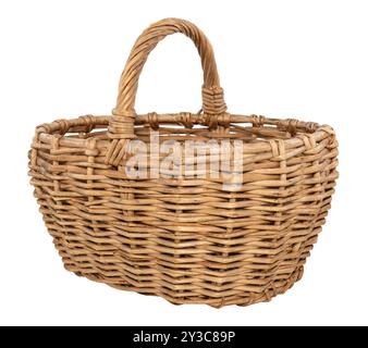 Wooden basket made of wicker on white background. Basket isolate Stock Photo