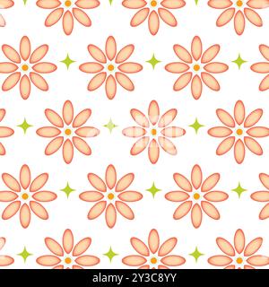 Soft peach daisy seamless pattern with small green star accents on light background, retro floral surface design Stock Vector