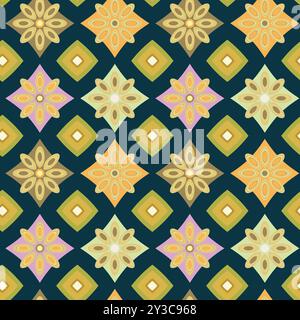 Retro floral diamond tile seamless pattern on deep teal background, mid century geometric surface design Stock Vector