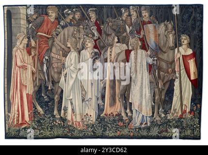 Quest for the Holy Grail Tapestries - Panel 2 - The Arming and Departure of the Knights, 1895-96. The second narrative panel of the Holy Grail or San Graal tapestries, a series depicting scenes from the legend of King Arthur and the quest for the Holy Grail. Stock Photo