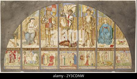 Wars of the Roses - Edward IV, Henry VI, St George with Allegory, 1862-64. Stained glass design of three historical figures flanked by art on the left and science on the right, scenes of the life of St George below. Stock Photo