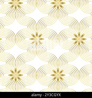 Mid century wavy line seamless pattern with geometric floral star motifs in muted mustard on light background Stock Vector