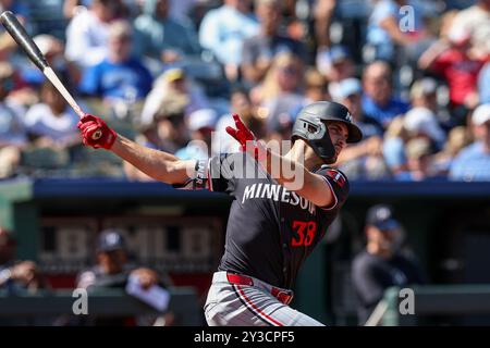 Kansas City, MO, USA. 8th Sep, 2024. Minnesota Twins right fielder Matt Wallner (38) bats against the Kansas City Royals at Kauffman Stadium in Kansas City, MO. David Smith/CSM/Alamy Live News Stock Photo