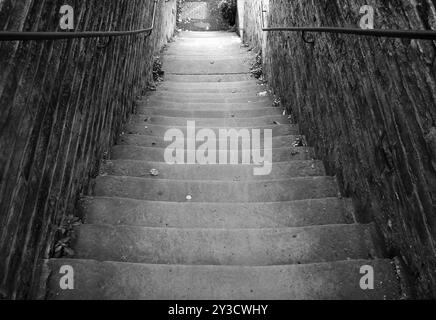 A monochrome perspective view of narrow old outdoor stone steps descending between walls with weeds and moss growing in the corners Stock Photo