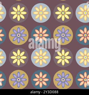 Seamless retro floral pattern with stylised daisy flowers in circular motifs on brown background, decorative vintage repeat for textile, fabric and wa Stock Vector
