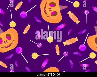 Pumpkins and candies seamless pattern. Halloween carved pumpkin with candies and lollipops. Jack-o-lantern, trick or treat. Design for wallpapers, wra Stock Vector