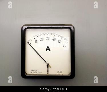 A large square industrial ammeter with an analogue dial with numbers with standard electrical symbols on a white dial on a grey background Stock Photo