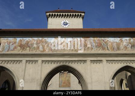 Fresco and clock tower at the Isartor, Munich Stock Photo