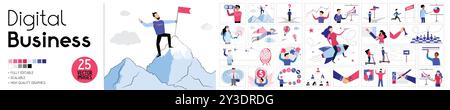 Digital business - set of vector illustrations with cartoon people related to research, goals, success, problem solving, teamwork, analytics. Stock Vector