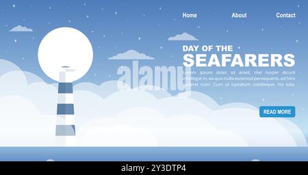 Day of the Seafarer 25 June banner. Social media 2d cartoon template. World Maritime Day. Explore Nature Landing web page with lighthouse on the islan Stock Vector