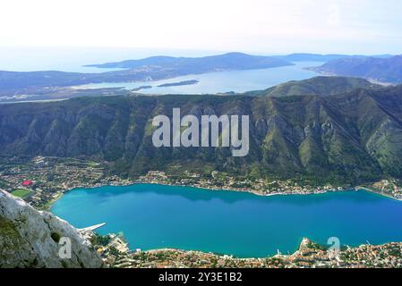 Landscape from the top of Pestingrad in the Bay of Kotor, Montenegro: Mount Vrmac, Lustica Peninsula, settlements on the Adriatic coast and Trašte Bay Stock Photo