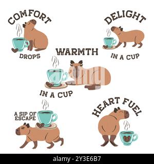 Funny Capybaras with cup of cappuccino coffee with inspirational quotes set Stock Vector