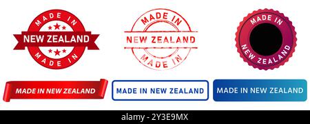 Made in New Zealand manufacturing product stamp colorful badge export production advertising design set collection emblem Stock Vector