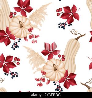 Seamless autumn vector pattern with beige pumpkins, red Virginia creeper leaves, berries, and ornamental grasses. Stock Vector