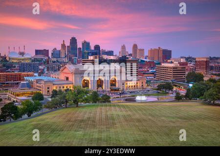 Kansas City, Missouri, USA. Aerial cityscape image of Kansas City skyline at autumn sunset. Stock Photo
