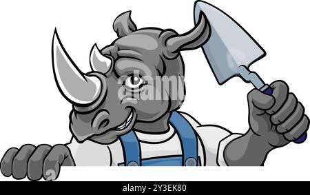 Rhino Bricklayer Builder Holding Trowel Tool Stock Vector