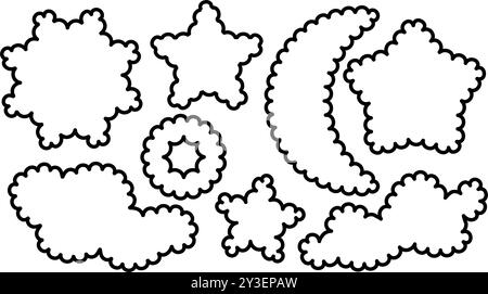 Set of scallop edge frames shapes isolated on white background. Zigzag wavy forms. Square, rectangle, circle, oval border. Decorative collection Stock Vector