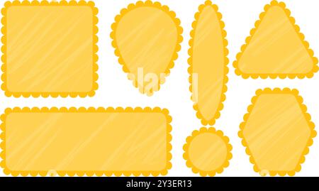 Set of scallop edge frames. Yellow shapes textured charcoal chalk on white. Zigzag wavy forms Square, rectangle, circle, oval border Decorative Stock Vector