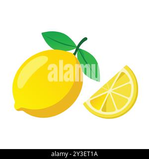 Lemon Vector Illustration with a Whole Lemon and a Lemon Slice on a White Background. Stock Vector