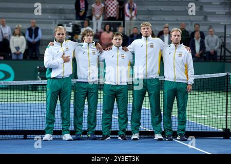 Varazdin, Croatia. 13th Sep, 2024. Captain Sarunas Kulnys, Vilius Gaubas, Ricardas Berankis, Edas Butvilas and Pijus Vaitiekunas of Lithuania line up to sing the national anthem prior to the Davis Cup World Group I 1st round match between Croatia and Lithuania at Arena Varazdin on September 13, 2024 in Varazdin, Croatia. Photo: Sanjin Strukic/Pixsell Credit: Pixsell/Alamy Live News Stock Photo