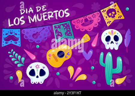 Day of the Dead set, elements on a purple background. Flags, skull, guitar, cactus. vector Stock Vector