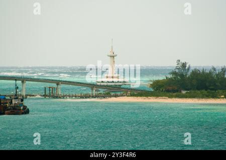 Nassau, Bahamas - April 15, 2008: A view of the Crystal Cay Bridge with the abadoned Coral World observatory behind it Stock Photo